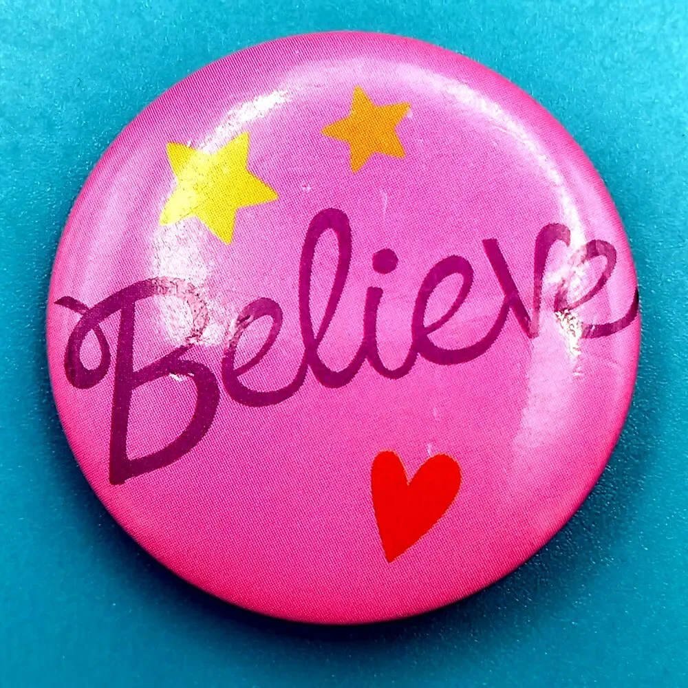 Believe Vintage Pink Stars Heart Pinback Button Pin